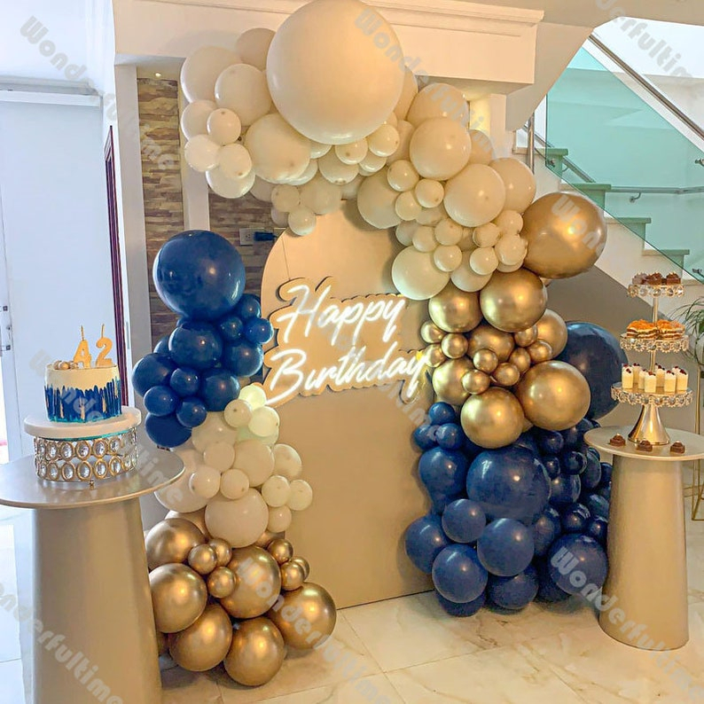 Arco Globos Arena Azul Dorado Cumpleaños Boda Grado Promo - Imagen 2
