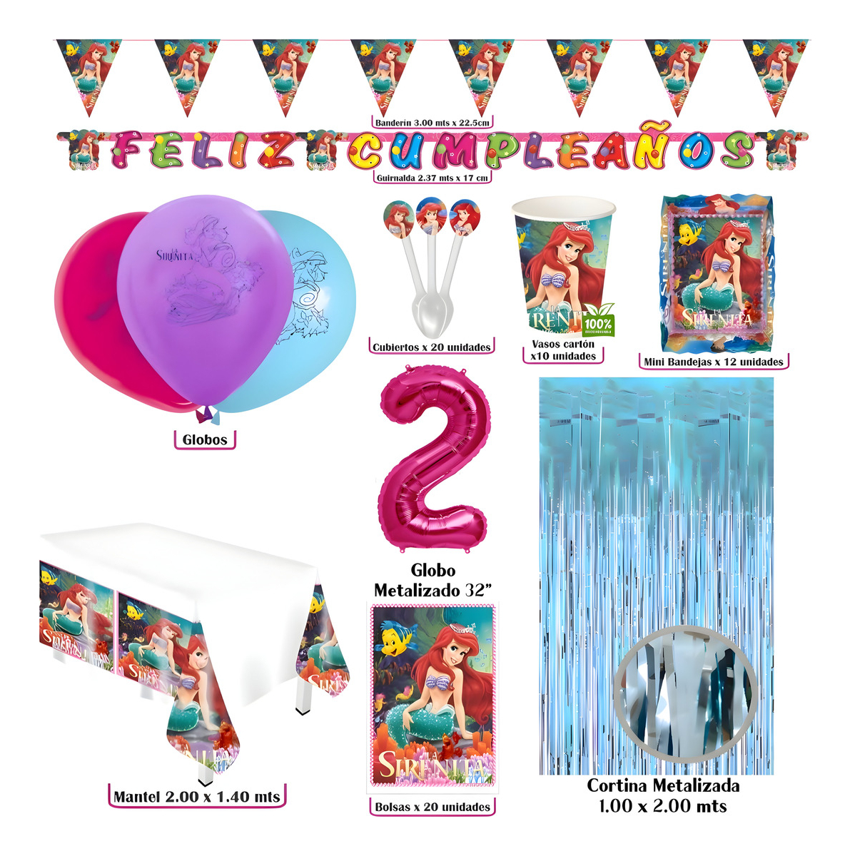 Kit Ariel Sirenita Mar Marino Globos Mantel Vasos Platos - Imagen 2