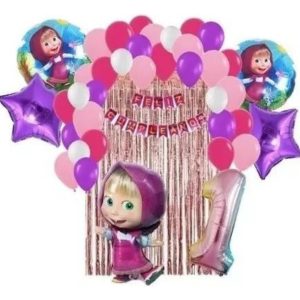 Kit Masha Oso Cumpleaños Feston Cortina Número Globos