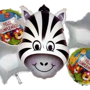Bouquet Kit Globos Zebra Selva Plateado Feliz Cumpleaños