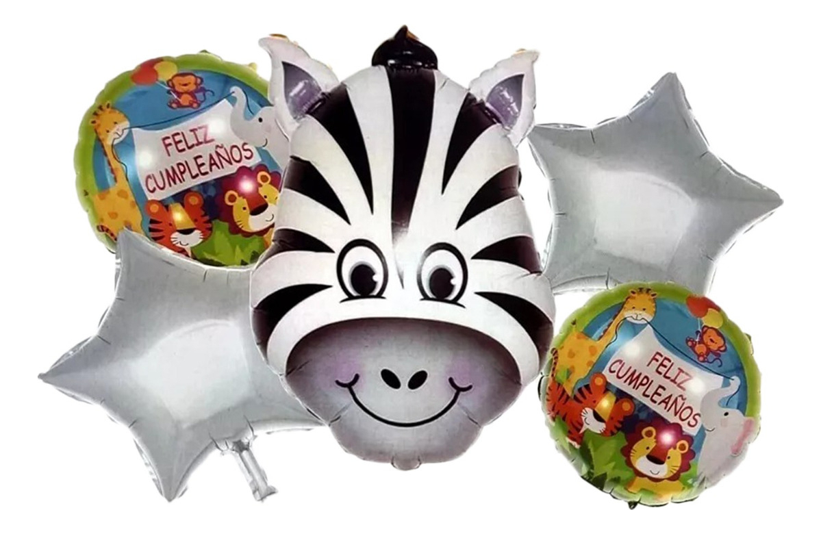 Bouquet Kit Globos Zebra Selva Plateado Feliz Cumpleaños