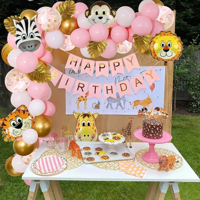 Arco Globo Animales Cumpleaños Selva Rosado Dorado Comprar - Imagen 2