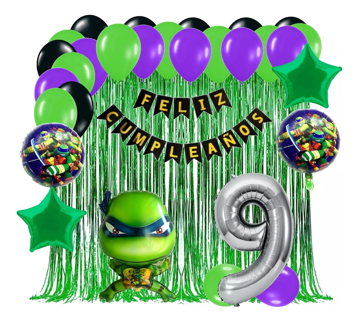 Kit Globos Tortugas Ninjas Cumpleaños Cortina Verde Niño - Imagen 9