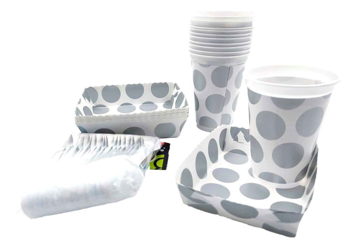 Kit Vasos Platos Cubiertos Puntos Plateados Polka X12 Unit