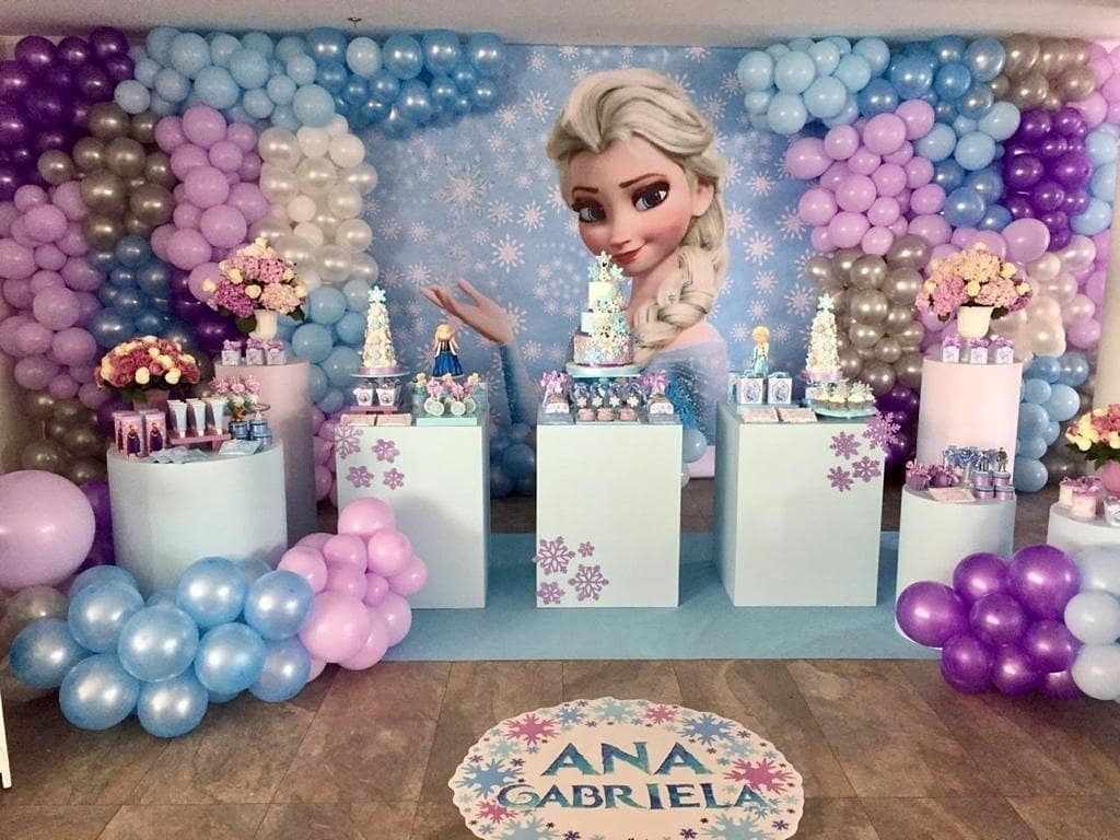 Decoracion Globos Pared Frozen Morado Azul Gris Blanco Promo