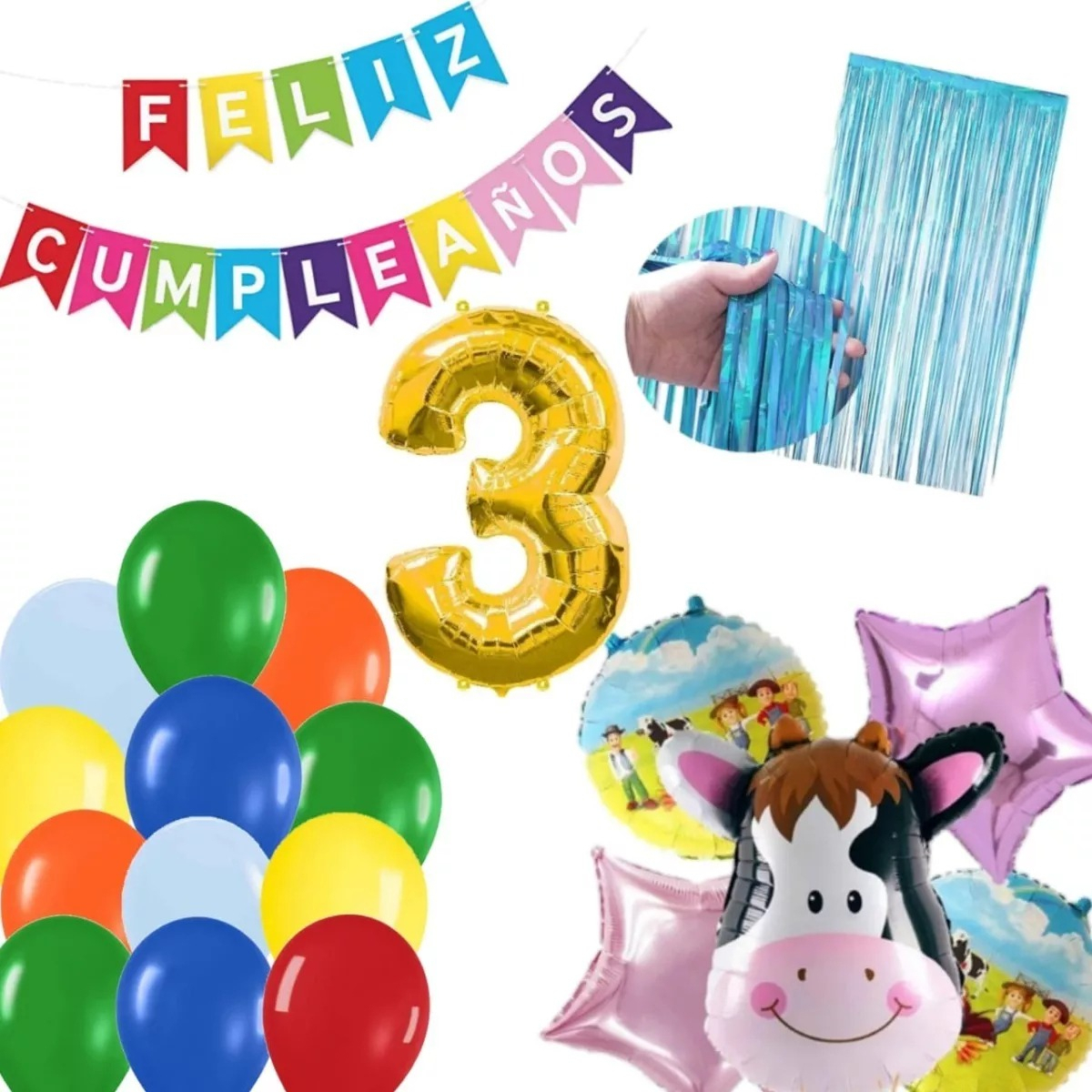 Kit Globos Decoracion Vaca Granja Numero Cortina Azul Dorado - Imagen 2