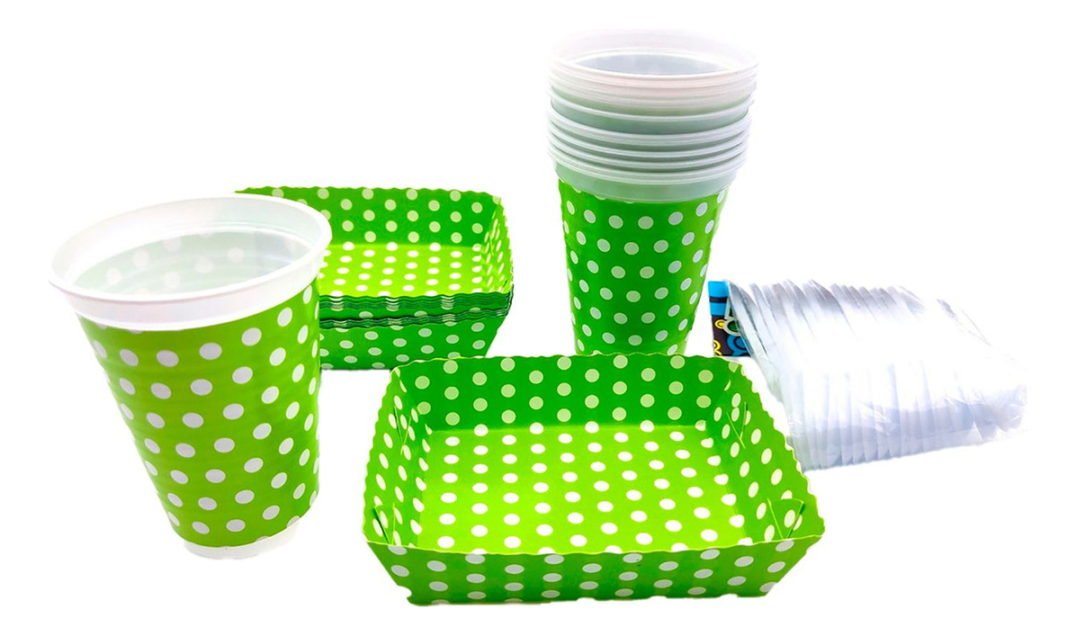 Kit Fiesta Vasos Platos Cubiertos Polka Neon Verde X 12 Ya
