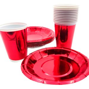 Kit Vasos Platos Redondos Rojo Metalizado X 10 Personas Ya