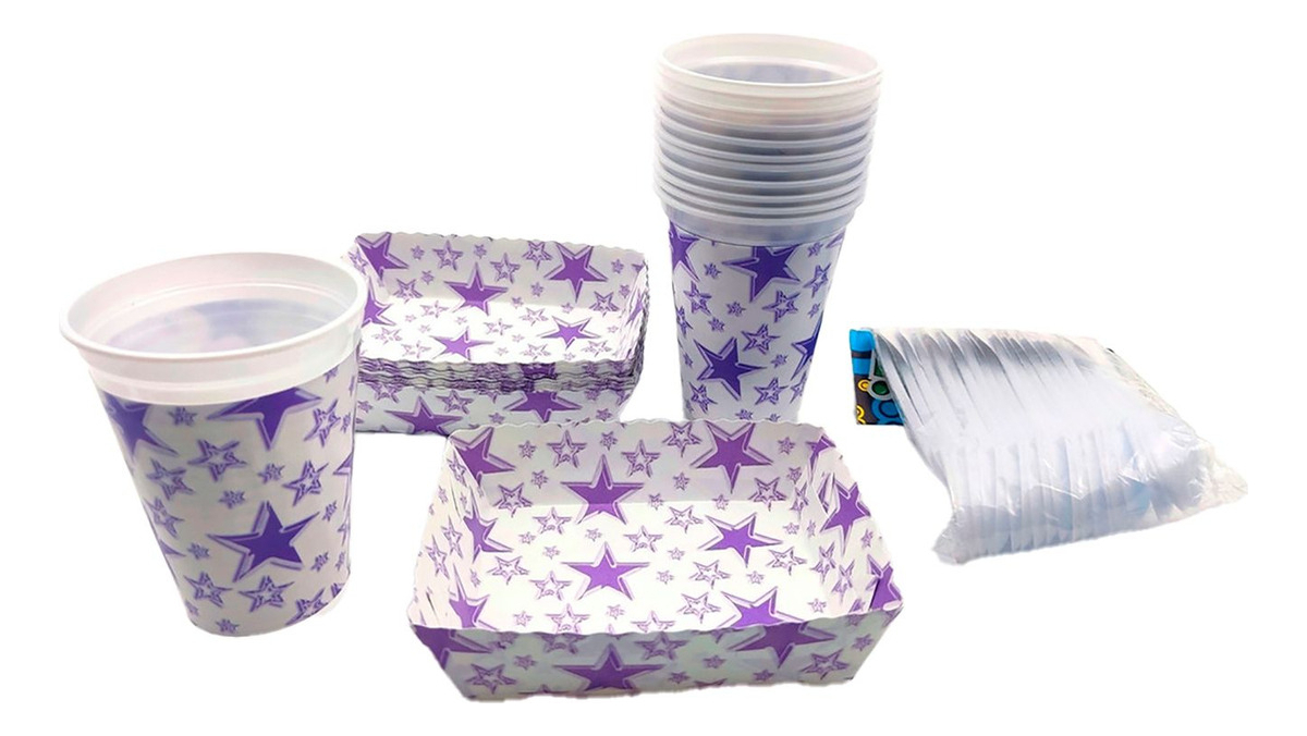 Kit Vasos Platos Cubiertos Blanco Morado Estrellas X 12 Ya