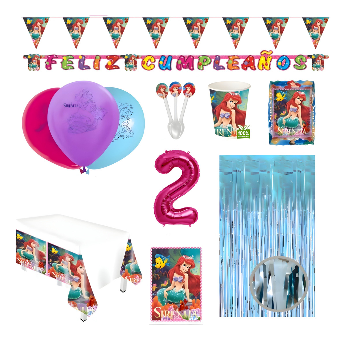 Kit Ariel Sirenita Mar Marino Globos Mantel Vasos Platos