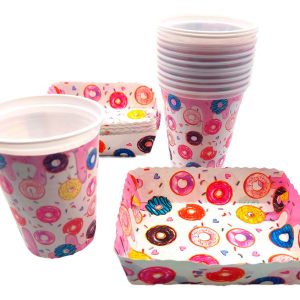 Kit Fiesta Vasos Platos Dona Candy Rosado X 12 Unidades Ya
