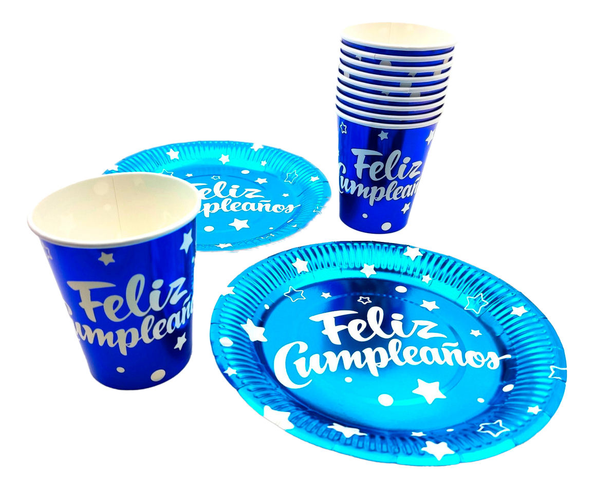 Kit Azul Feliz Cumpleaños Metalizado X10 Personas Comprar