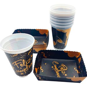 Kit Platos Vasos Feliz Cumpleaños Dorado Negro X 12 Unidades