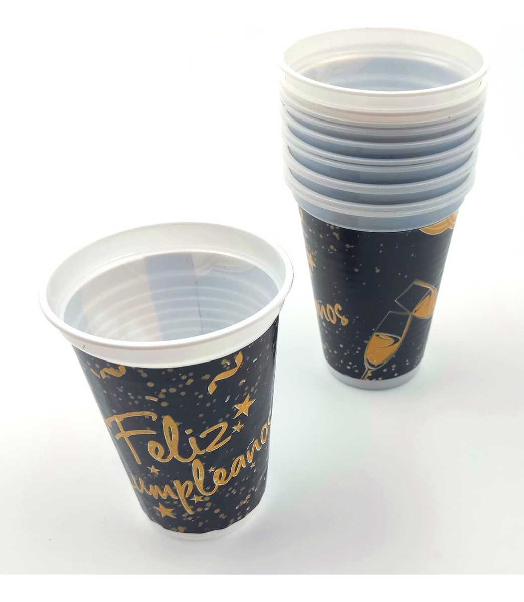 Kit Platos Vasos Feliz Cumpleaños Dorado Negro X 12 Unidades - Imagen 3