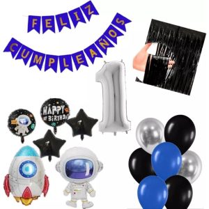 Kit Globos Cohete Astronauta Azul Plateado Negro Cortina