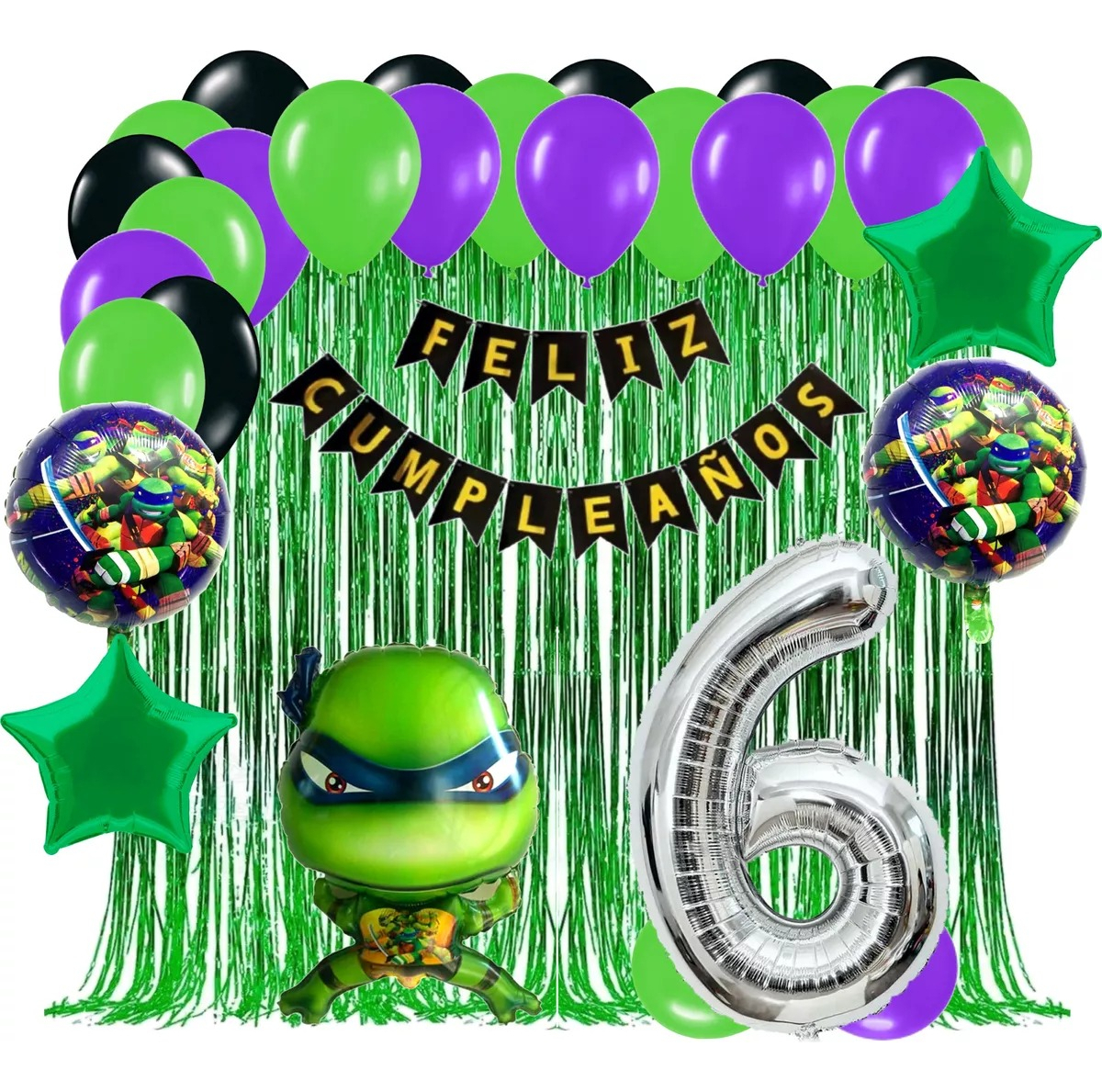 Kit Globos Tortugas Ninjas Cumpleaños Cortina Verde Niño - Imagen 6
