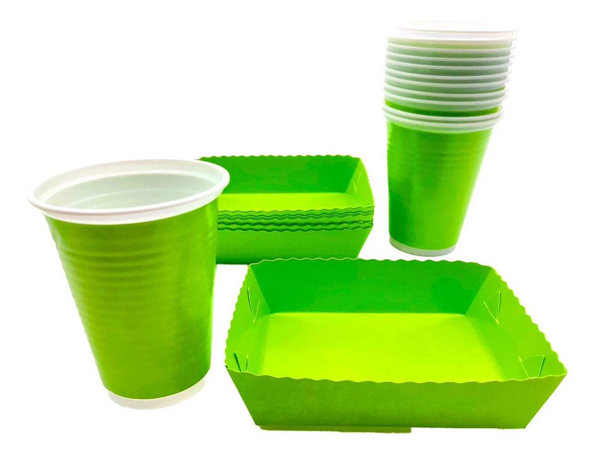 Kit Fiesta Vasos Platos Cuadrados Neon Verde X12 Units Ya