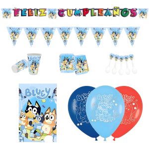 Kit Fiesta Bluey Mantel Vasos Platos Globos Cumpleaños