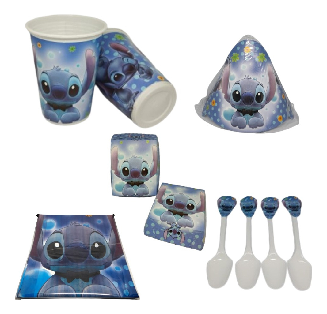 Kit Fiesta Lilo Stitch Azul Mantel Vasos Platos Gorro Barato
