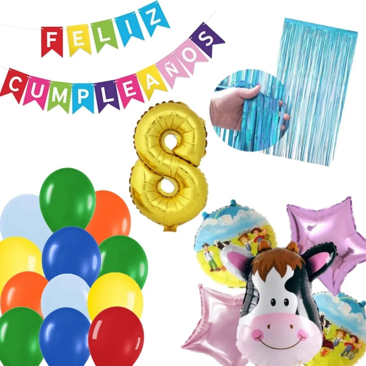Kit Globos Decoracion Vaca Granja Numero Cortina Azul Dorado - Imagen 4