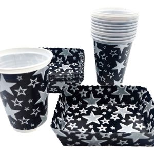 Kit Fiesta Vasos Platos Negro Estrellas Plateado X 12 Units