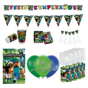 Minero Bloques Kit Celebración Fiesta Globos Mantel Vasos