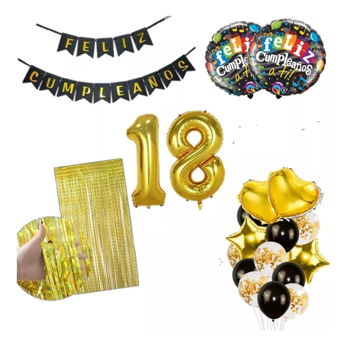 Kit Decorativo Dorado Cumpleaños Cortina Guirnalda Numero