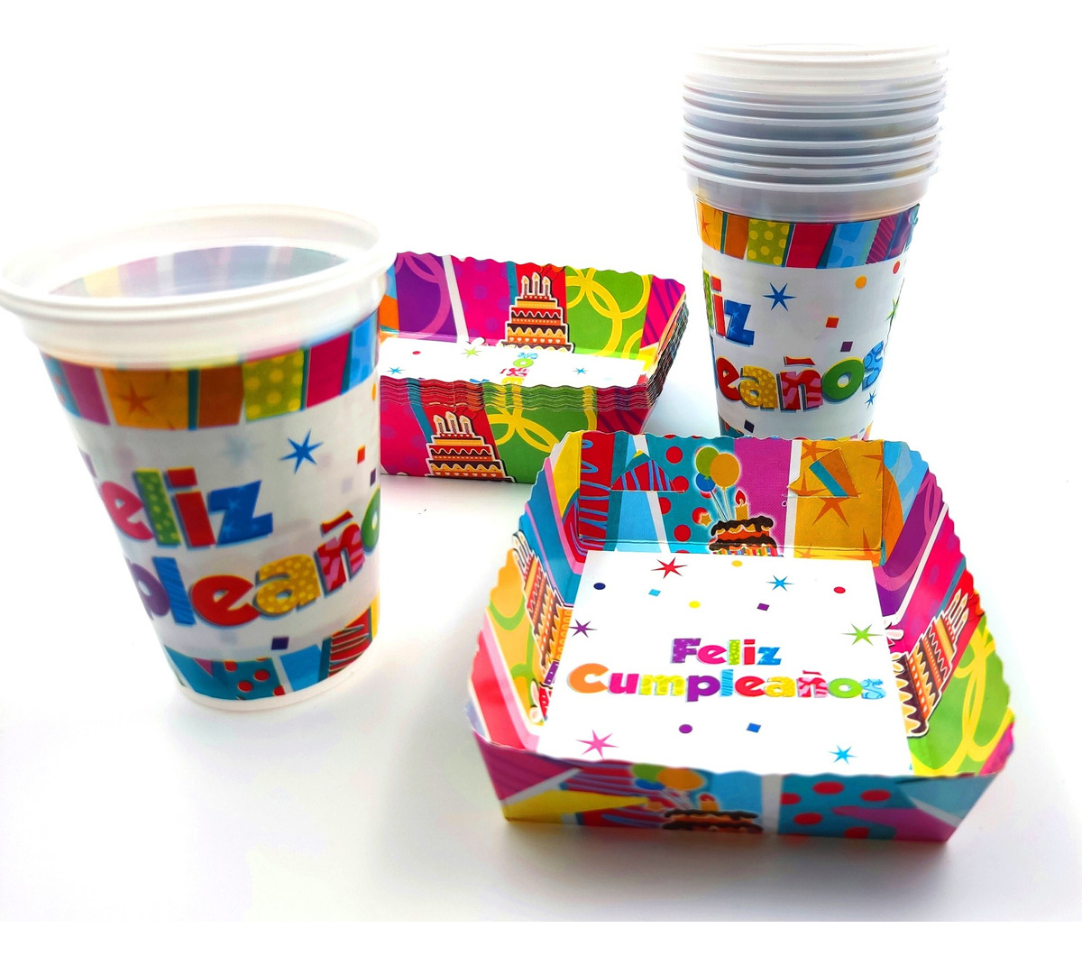 Kit Fiesta Cumpleaños Vasos Platos Multicolor X 12 Units - Imagen 2