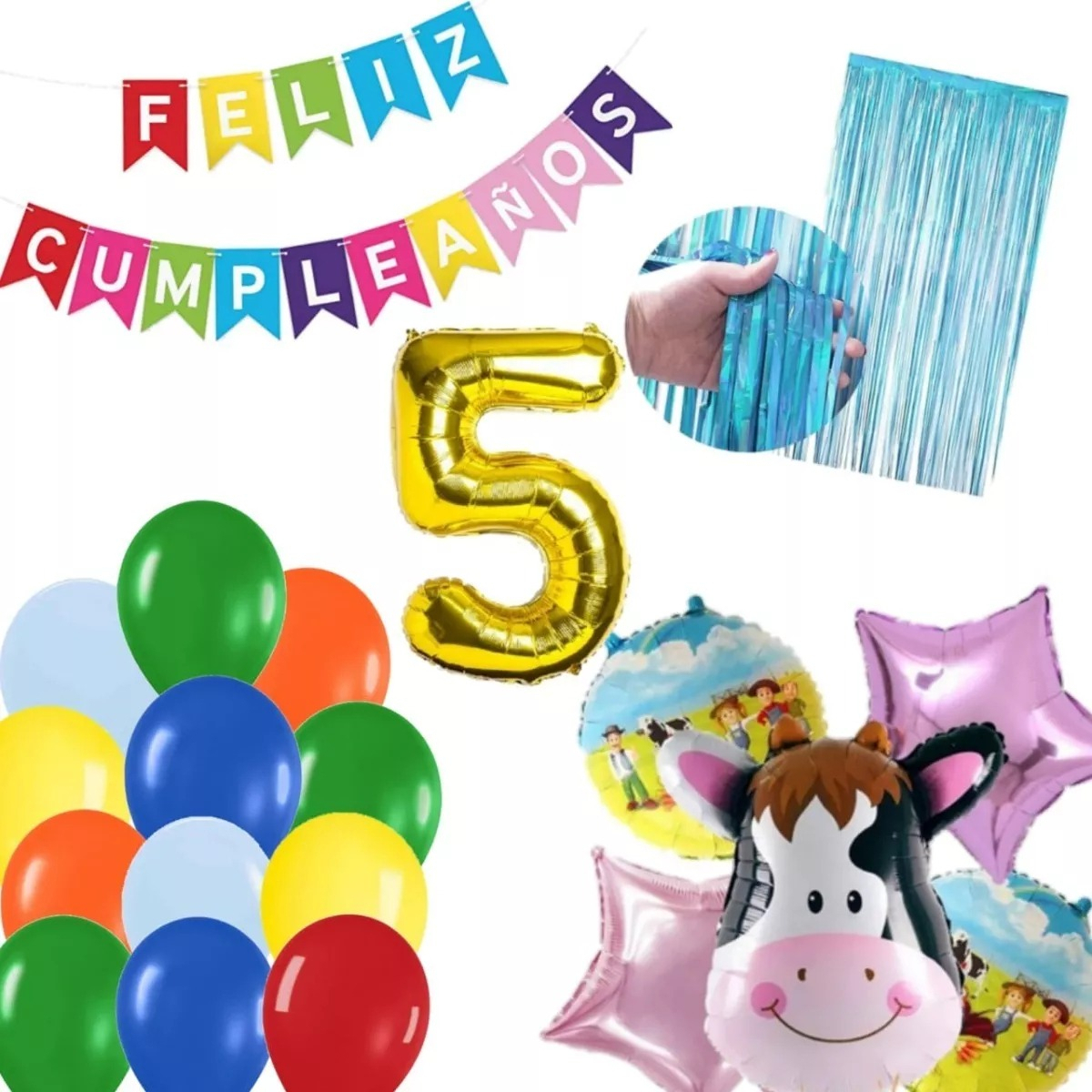 Kit Globos Decoracion Vaca Granja Numero Cortina Azul Dorado - Imagen 3
