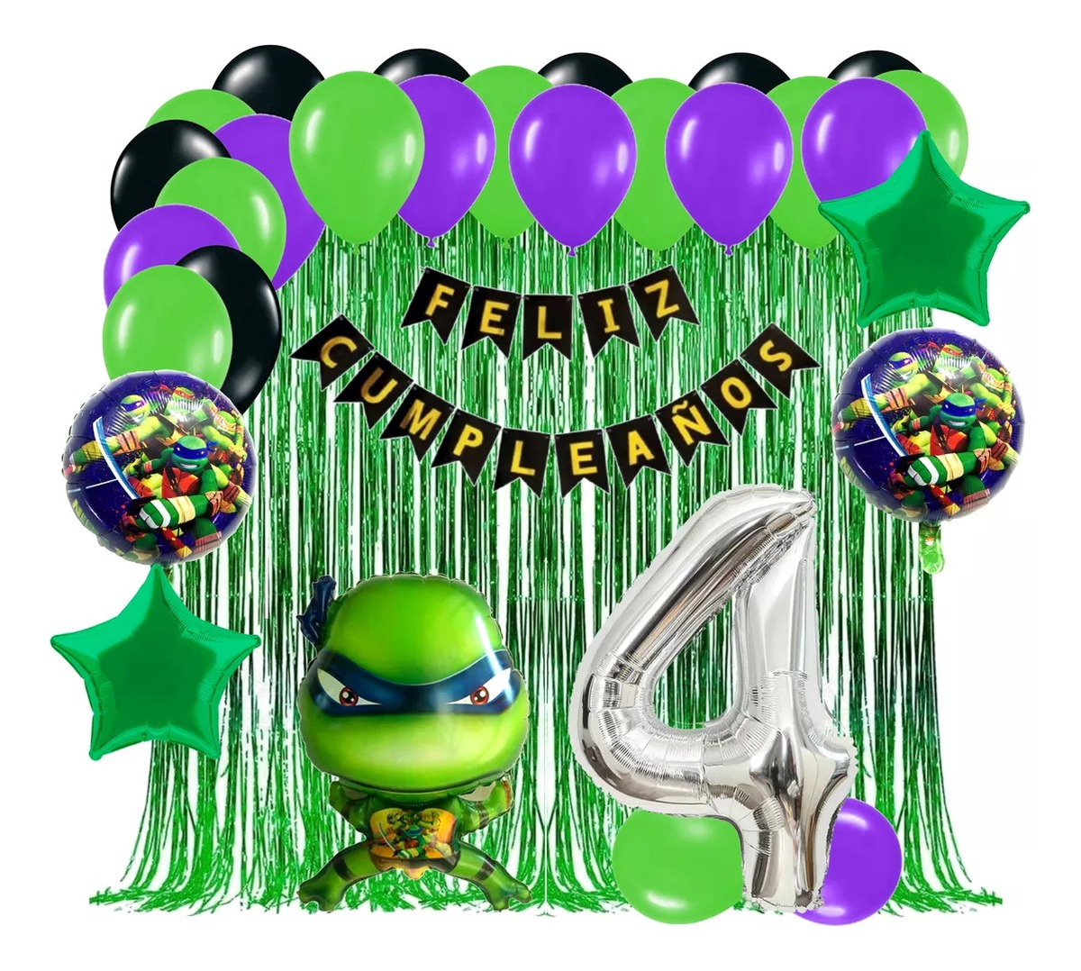 Kit Globos Tortugas Ninjas Cumpleaños Cortina Verde Niño - Imagen 4