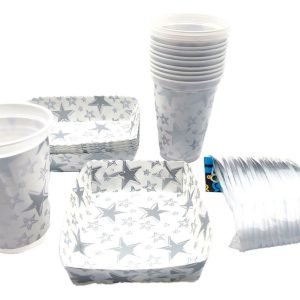 Kit Fiesta Vasos Platos Cubiertos Estrellas Plateado X12