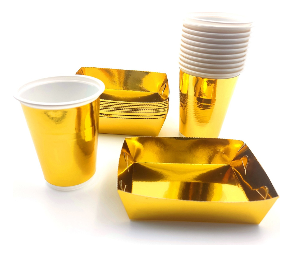 Kit Vasos Platos Cuadrado Dorado Metalizado X 10 Personas - Imagen 2