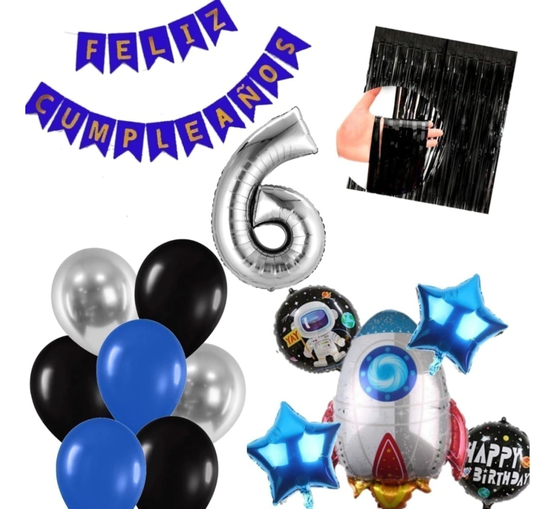 Bouquet Globos Feston Azul Cohete Cortina Espacial Niño Top - Imagen 6