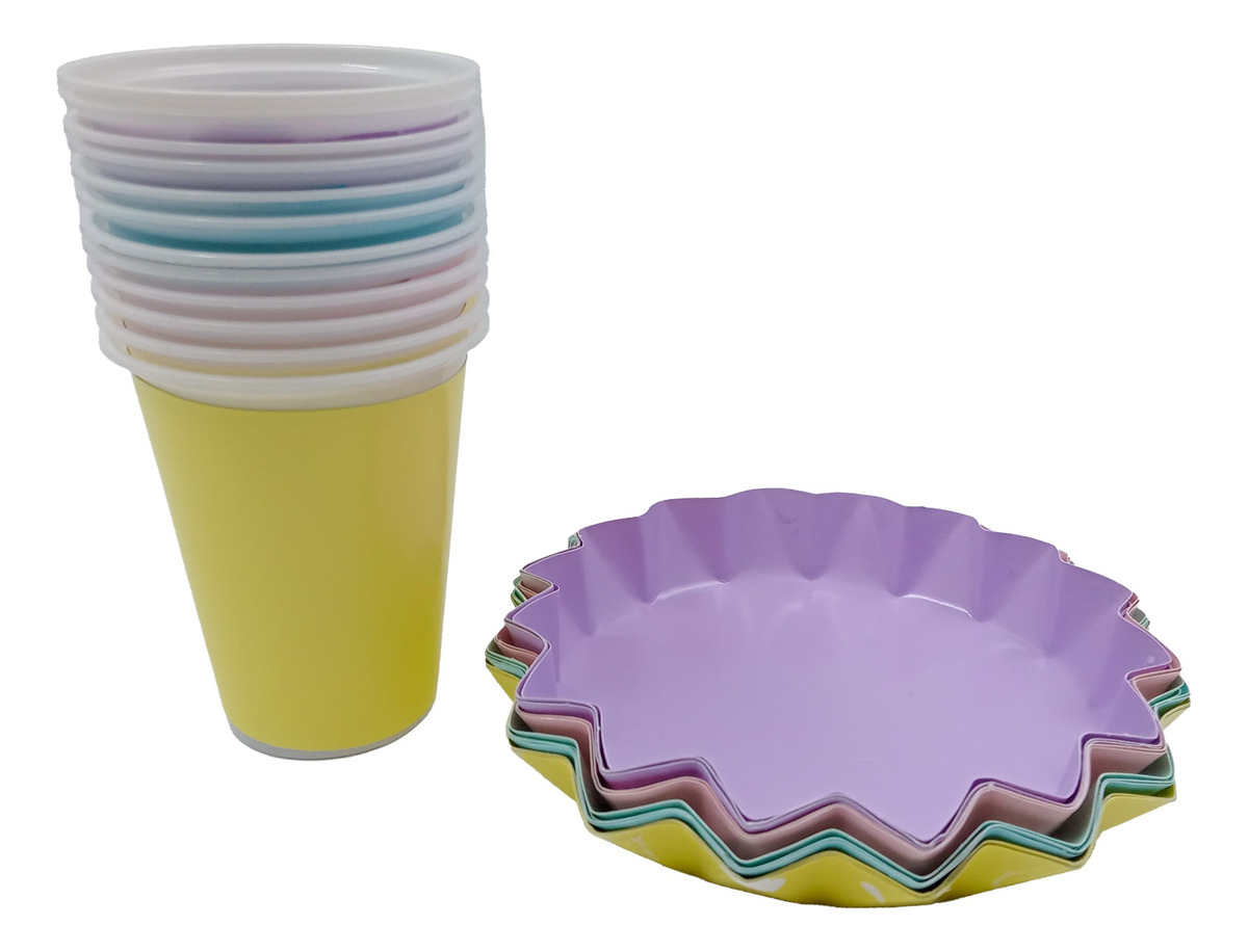 Kit Vasos Platos Estrella Colores Pastel Liso Comprar Barato