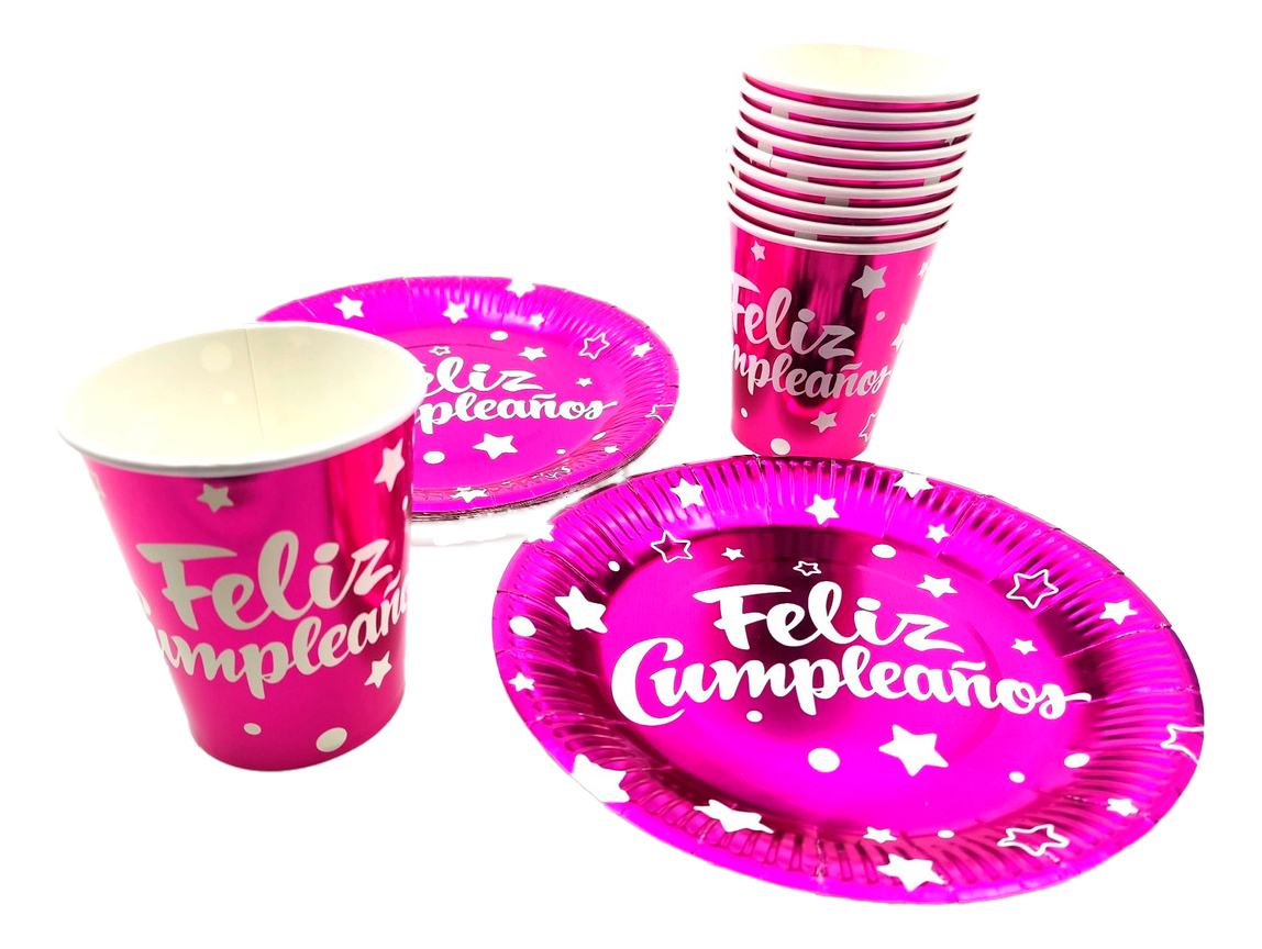 Kit Fucsia Feliz Cumpleaños Metalizado X10 Personas Promo