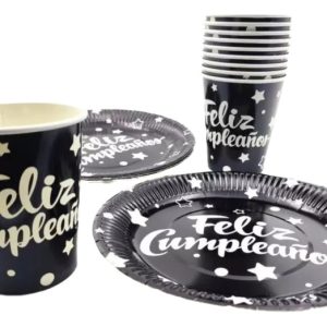 Kit Negro Feliz Cumpleaños Metalizado X10 Personas