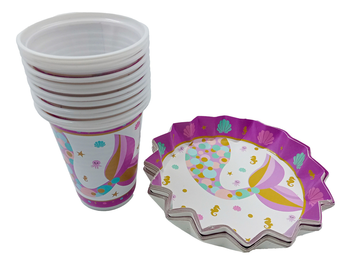 Kit Vasos Platos Estrella Sirena Sirenita Ariel Cola Marino