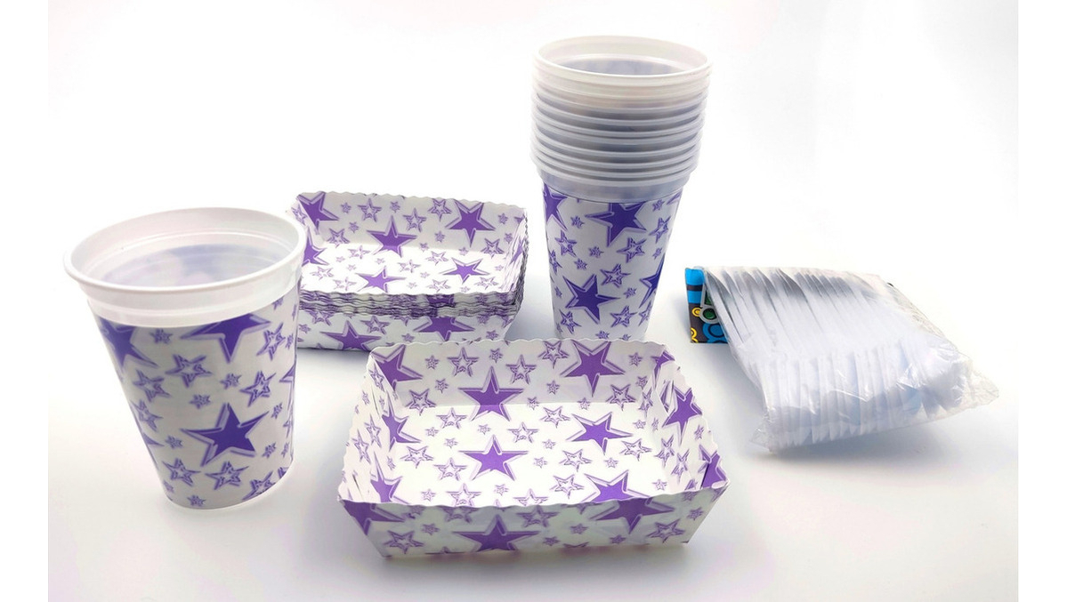 Kit Vasos Platos Cubiertos Blanco Morado Estrellas X 12 Ya - Imagen 2