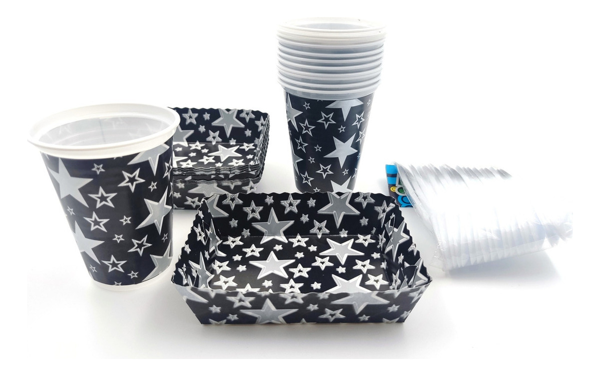 Kit Fiesta Vasos Platos Cubiertos Negro Estrellas Plateado - Imagen 2