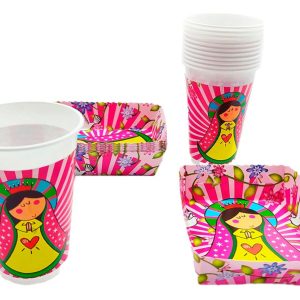 Kit 12 Vasos 12 Platos Decorativos Virgen Maria