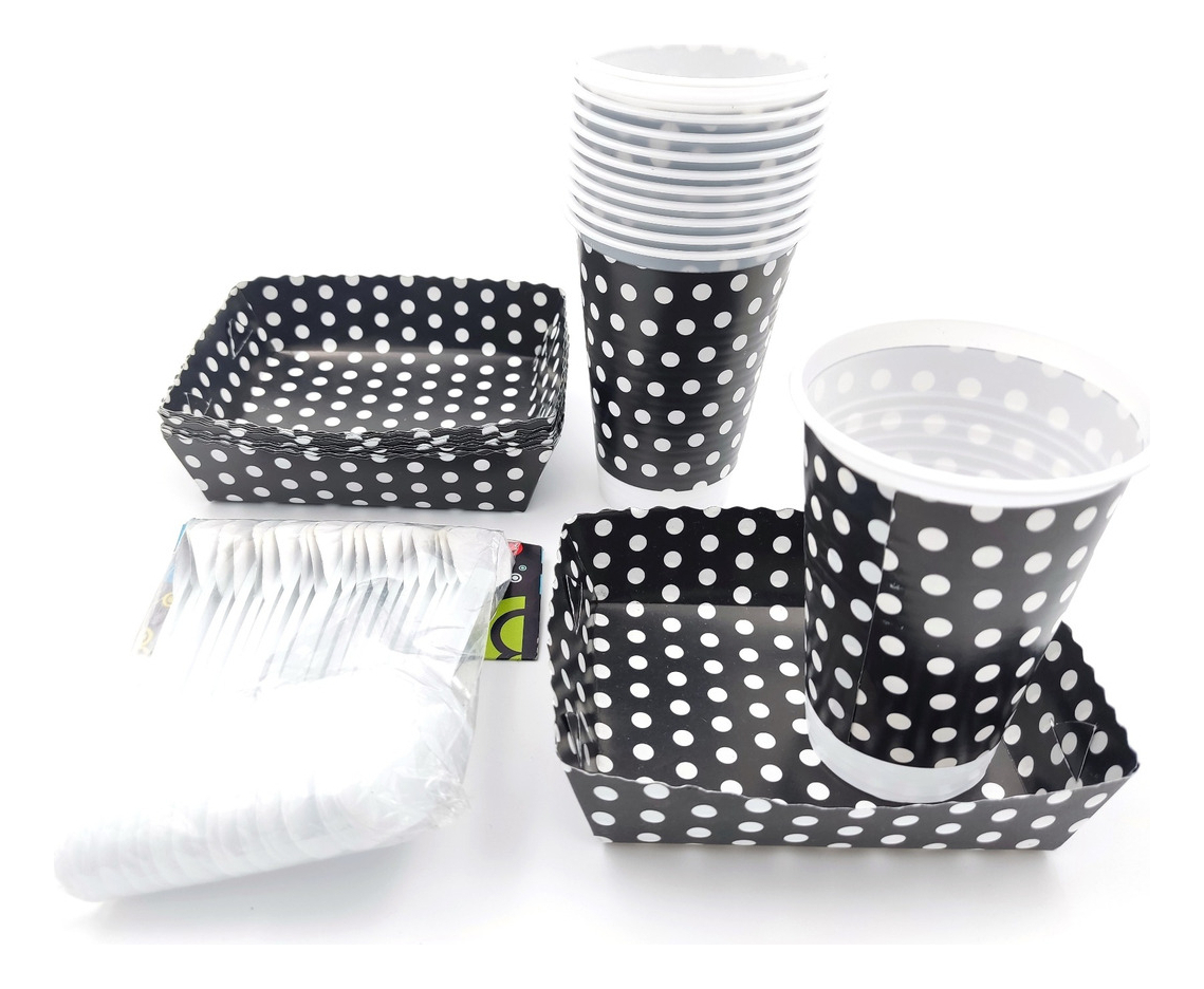 Kit Fiesta Platos Vasos Cubiertos Negro Polka X12 Unit Promo - Imagen 2