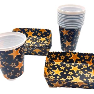 Kit Fiesta Vasos Platos Negro Dorado Estrellas X 12 Oferta