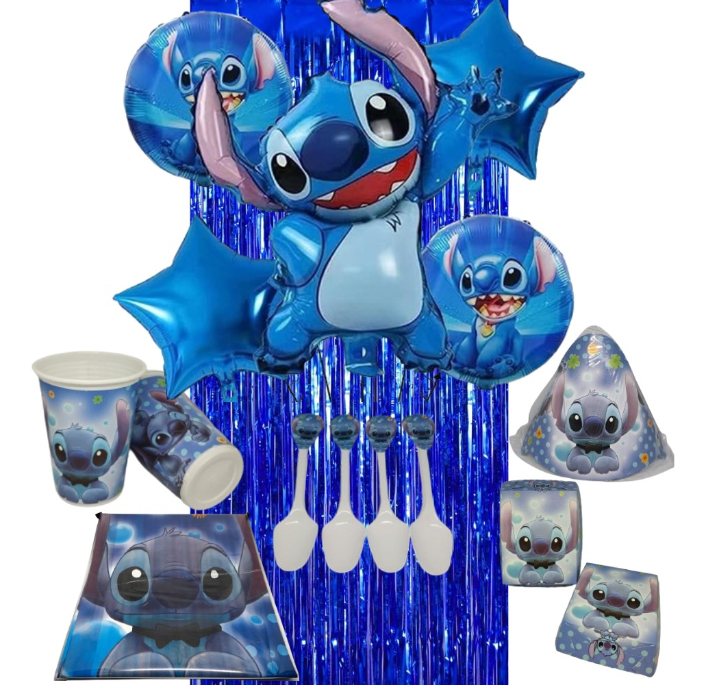 Kit Globos Fiesta Stitch Vasos Platos Mantel Lilo Azul Promo