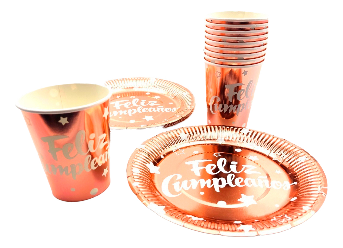 Kit Oro Rosa Feliz Cumpleaños Metalizado X10 Personas Oferta