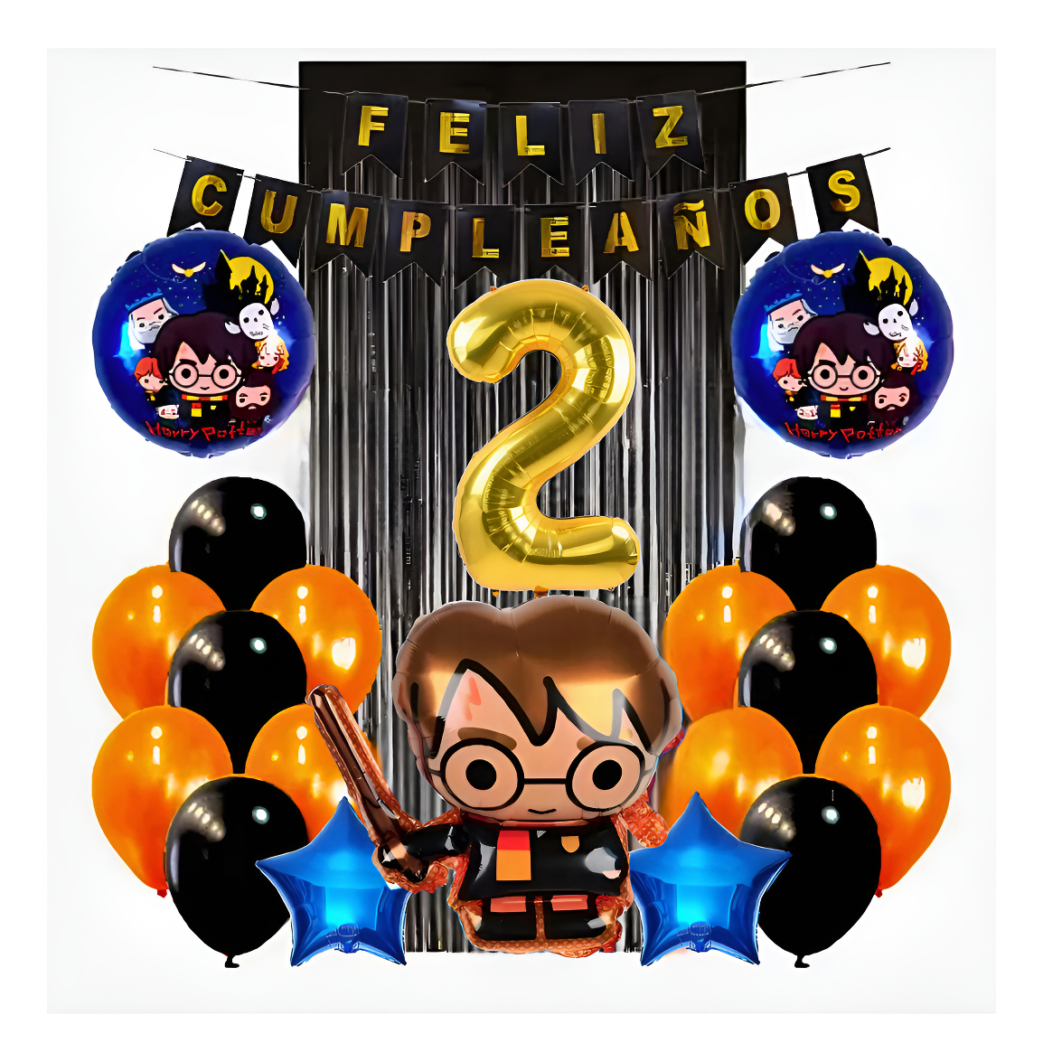Kit Harry Decoracion Cumpleaños Numero Naranja Negro Globos - Imagen 2