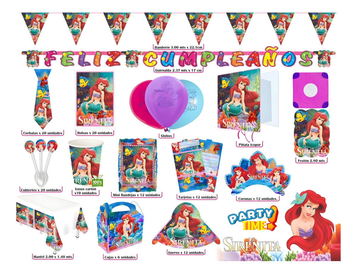Kit Ariel Sirenita Mar Marino Globos Mantel Vasos Platos - Imagen 4