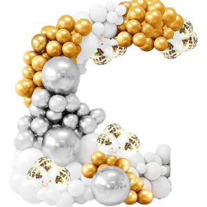 Arco Globos Plateado Dorado Blanco Confetti Boda Bautizo