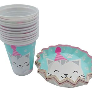 Kit Vasos Y Platos Estrella Gato Sombrero Aguamarina Huellas