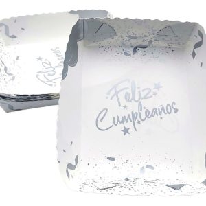 Platos Fiesta Blanco Plateado Feliz Cumpleaños X 12 Unidades