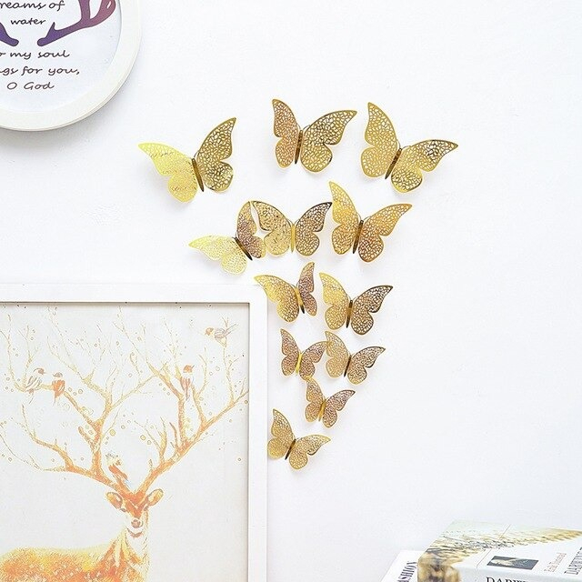 12 Mariposas Decorativas 3d Metalizadas Adhesivas Doradas - Imagen 6
